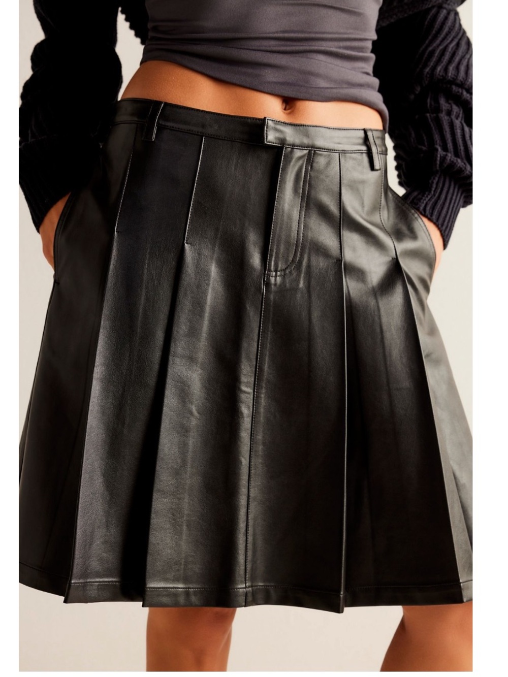 Free People Pleated Black Faux Leather A-Line Skirt 4 - Picture 4 of 5